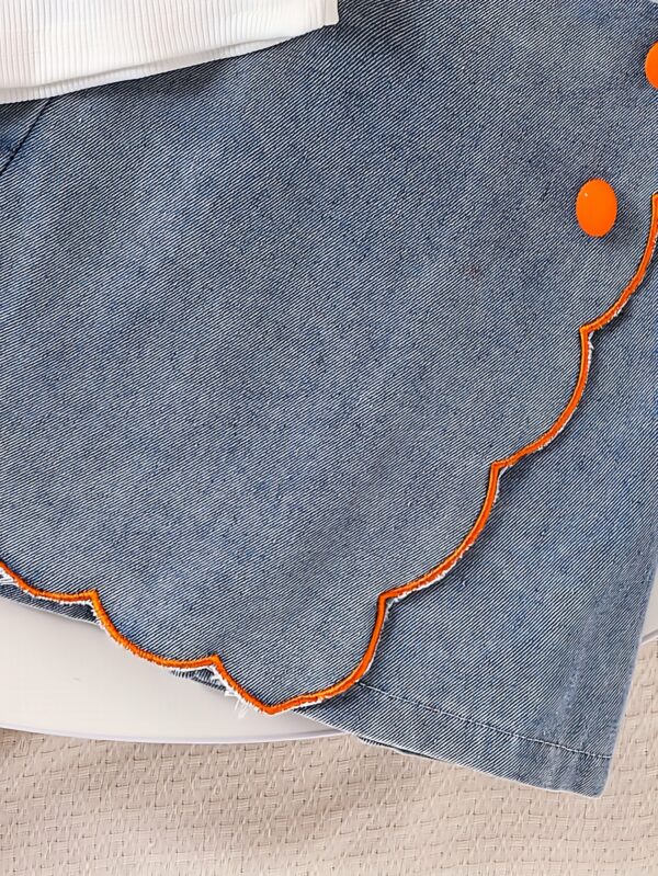 New Girls' Floral Orange And White Top with Denim Shorts Set, for Outdoor - Image 3