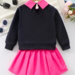 Two-piece Set for Girls: Fashionable Letter Random Print with Turnover Collar Regular Long Sleeve Top + Pleated Edge Solid Color Regular Short Skirt Length and Thigh Spring and Autumn Casual Half Skirt Set - Image 6