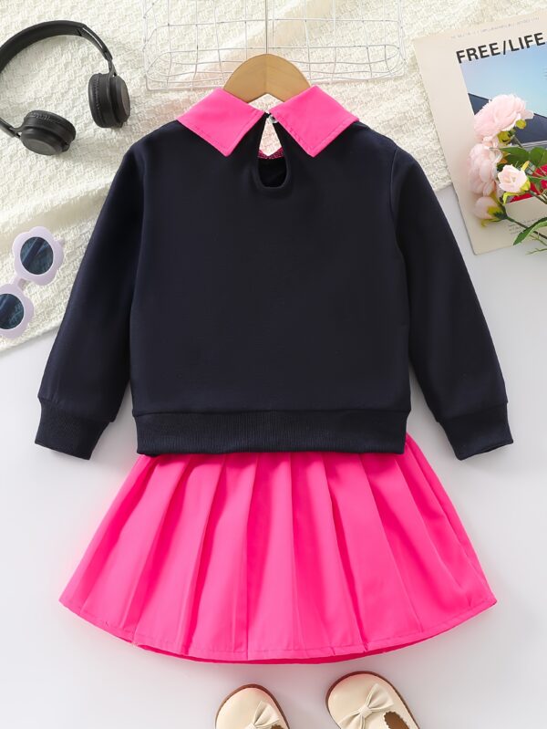 Two-piece Set for Girls: Fashionable Letter Random Print with Turnover Collar Regular Long Sleeve Top + Pleated Edge Solid Color Regular Short Skirt Length and Thigh Spring and Autumn Casual Half Skirt Set - Image 6