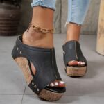 Women's Elegant Retro Mary Jane Wedge Sandals - Slip-On Thick Platform Heel with Metallic Studs & Adjustable Golden Chain Ankle Strap, Breathable PU Cover Open-Toe Summer Shoes in Black/Navy/Brown-Golden, Comfortable Footwear | Open Toe Design | Durable Footwear