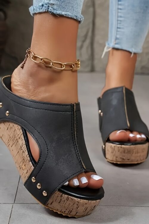Women’s Elegant Retro Mary Jane Wedge Sandals – Slip-On Thick Platform Heel with Metallic Studs & Adjustable Golden Chain Ankle Strap, Breathable PU Cover Open-Toe Summer Shoes in Black/Navy/Brown-Golden, Comfortable Footwear | Open Toe Design | Durable Footwear