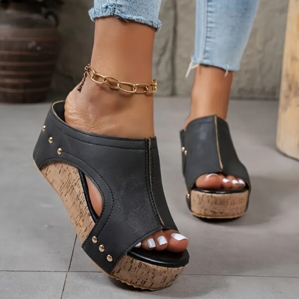 Women's Elegant Retro Mary Jane Wedge Sandals - Slip-On Thick Platform Heel with Metallic Studs & Adjustable Golden Chain Ankle Strap, Breathable PU Cover Open-Toe Summer Shoes in Black/Navy/Brown-Golden, Comfortable Footwear | Open Toe Design | Durable Footwear
