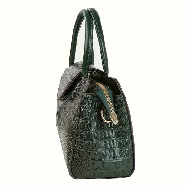 Elegant Women's Crocodile-Embossed Handbag - Chic European & American Style, Versatile Crossbody & Shoulder Bag in Black with Green Accents, Durable PU Material with Polyester Lining, Zip Closure - Image 2