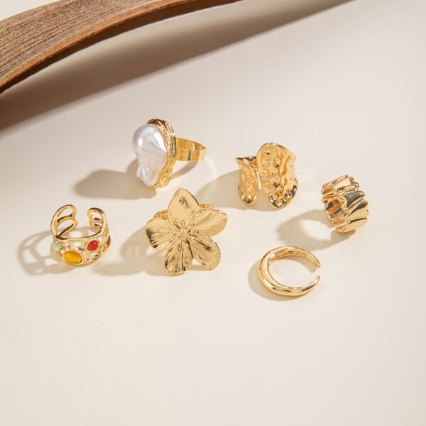 6pcs set of fashionable and flower-set Rhinestone rings, metal geometric irregular opening ring sets suitable for parties and gifts for friends - Image 5