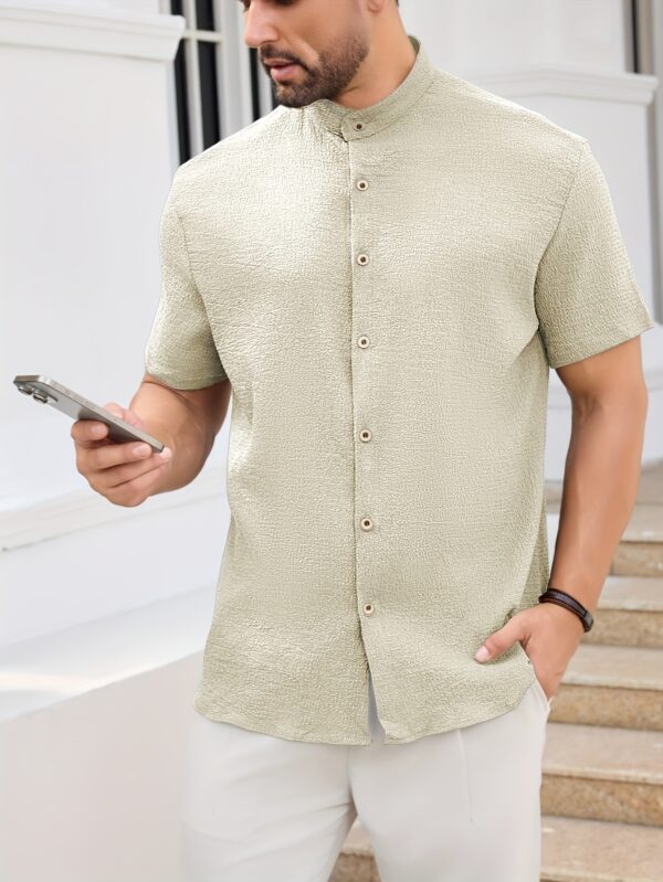 Men'S Lightweight Summer Casual Shirt - Solid Color Beige, Short Sleeve, Stand Collar, Button-Up, Breathable Woven Fabric for Outdoor & Weekend Wear, Relaxed Fit Shirt | Classic Collar Shirt | Durable Fabri - Image 9