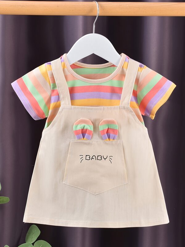 A New Baby Girl'S Summer Dress, Featuring Striped Short Sleeves And a Faux Two-Piece Design, Made of Pure Cotton, Perfect for Little Ones. - Image 3