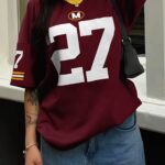 Women's V-Neck Short Sleeve Casual Letter & Number Print Loose Comfort Fashion T-Shirt - Maroon with Golden Accents, Lightweight Polyester, Perfect for Summer Style, Summer Tshirt | Casual Fashion | Polyester Fabric, Ladies T Shirts