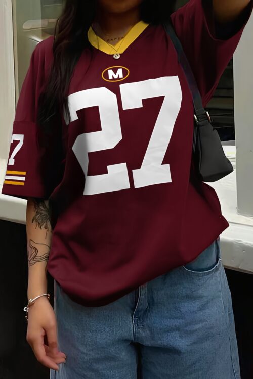 Women’s V-Neck Short Sleeve Casual Letter & Number Print Loose Comfort Fashion T-Shirt – Maroon with Golden Accents, Lightweight Polyester, Perfect for Summer Style, Summer Tshirt | Casual Fashion | Polyester Fabric, Ladies T Shirts