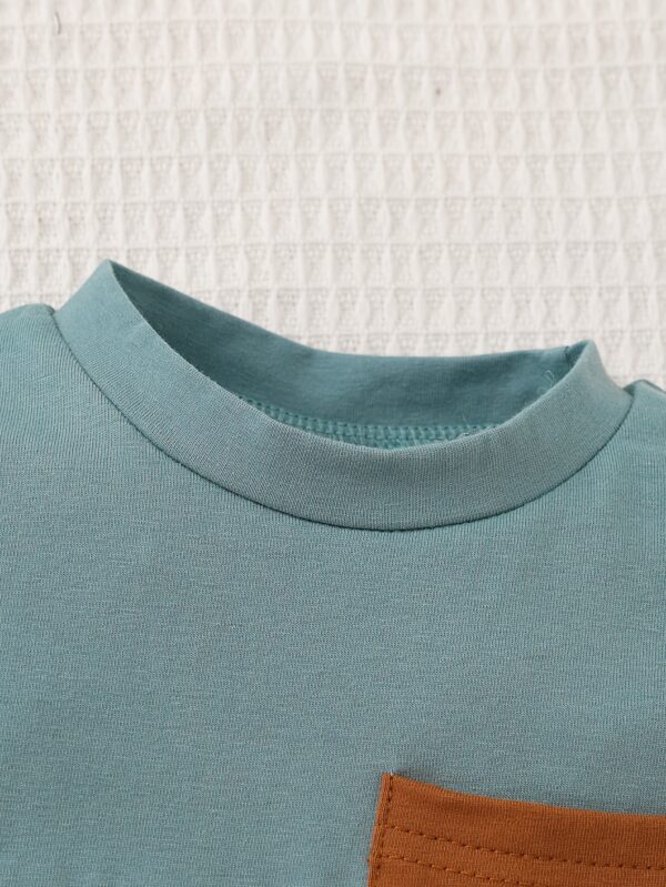 Two-Piece Set for Baby Boys Featuring a Short-Sleeve T-Shirt with a Front Pocket And Solid Color Shorts, for Outdoor - Image 8