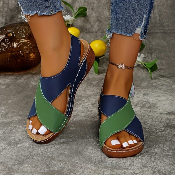 Women's Two-Tone Wedge Sandals - Open Toe, Chunky Heel, Faux Cover with Metallic Buckle Strap, Perfect for Beach, Party & Casual Outings, Beachwear Shoes | Durable Tpr Sole, Ladies Sandals - Image 8
