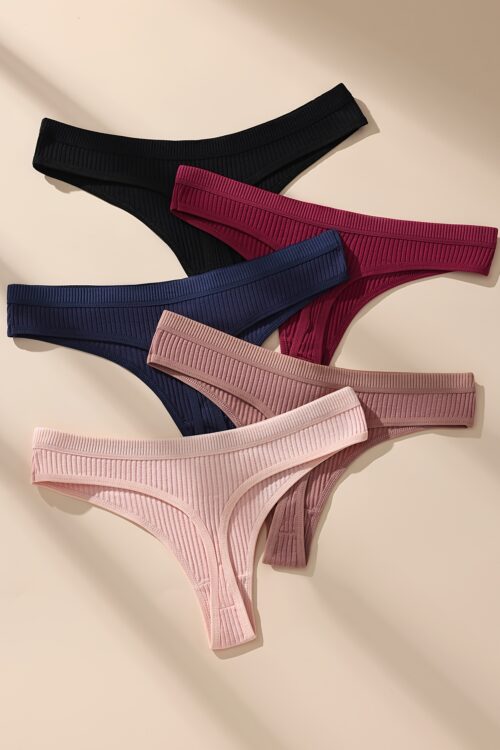 5pcs Soft & Breathable Women’s Thongs – Sexy Low-Rise Ribbed Underwear in Black, Navy Blue, Maroon, Dark Pink & Light Pink, Hand Wash Only