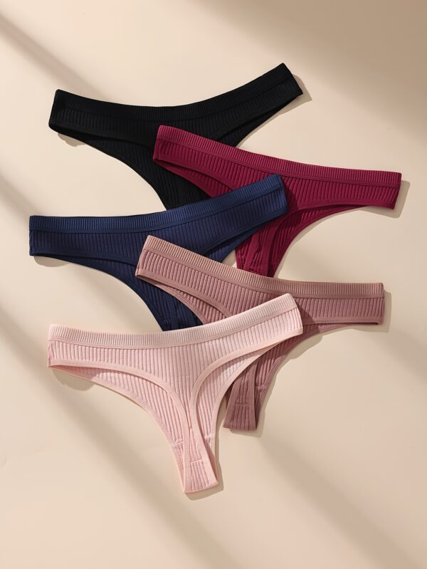 5pcs Soft & Breathable Women's Thongs - Sexy Low-Rise Ribbed Underwear in Black, Navy Blue, Maroon, Dark Pink & Light Pink, Hand Wash Only