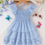 Girls Comfy Solid Ruffle Sleeve Square Neck Dress, Casual Dresses For Summer Holiday Party Gift - Image 2
