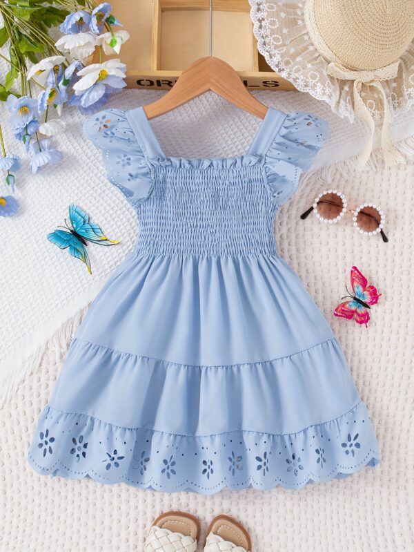 Girls Comfy Solid Ruffle Sleeve Square Neck Dress, Casual Dresses For Summer Holiday Party Gift - Image 2