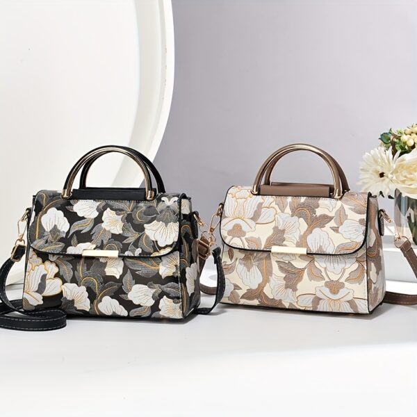 Elegant Floral Print Women's Handbag - Stylish Crossbody Bag with Golden-Tone Hardware, White Base & Black/Beige Floral Pattern, Lightweight & Spacious for Everyday Use - Image 9