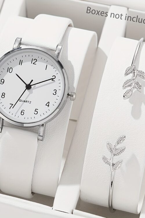 2pcs/set Women’s Casual Round Pointer Quartz Watch Analog PU Leather Wrist Watch & Leaf Bangle, Gift For GirlsHer