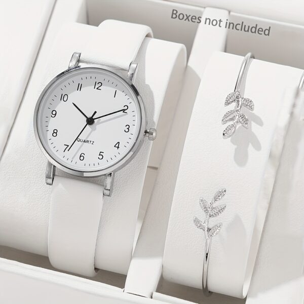 2pcs/set Women's Casual Round Pointer Quartz Watch Analog PU Leather Wrist Watch & Leaf Bangle, Gift For GirlsHer