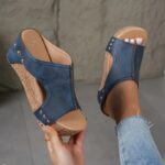 Women's Elegant Retro Mary Jane Wedge Sandals - Slip-On Thick Platform Heel with Metallic Studs & Adjustable Golden Chain Ankle Strap, Breathable PU Cover Open-Toe Summer Shoes in Black/Navy/Brown-Golden, Comfortable Footwear | Open Toe Design | Durable Footwear - Image 5