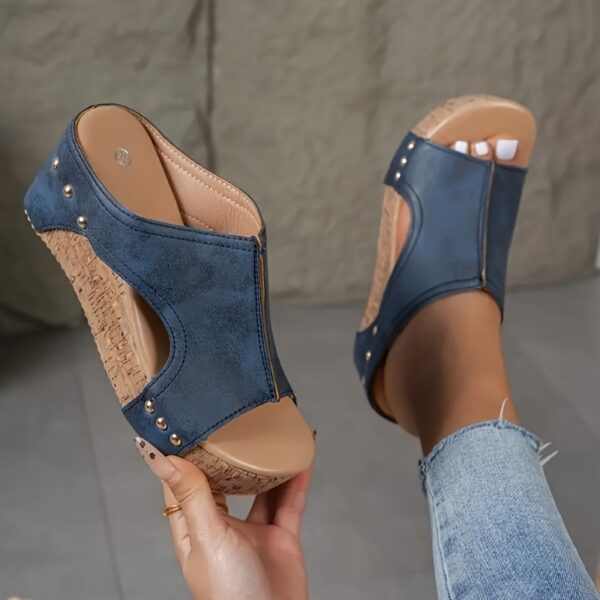 Women's Elegant Retro Mary Jane Wedge Sandals - Slip-On Thick Platform Heel with Metallic Studs & Adjustable Golden Chain Ankle Strap, Breathable PU Cover Open-Toe Summer Shoes in Black/Navy/Brown-Golden, Comfortable Footwear | Open Toe Design | Durable Footwear - Image 5