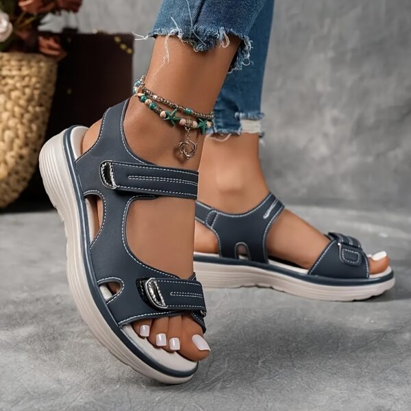 Women's Sandals Black, High-Quality PU Material with Adjustable Strap, Comfortable Thick Sole Summer Vacation Style, Beige/Black/Navy Beach Wear | Durable Synthetic Cover Shoes - Image 11