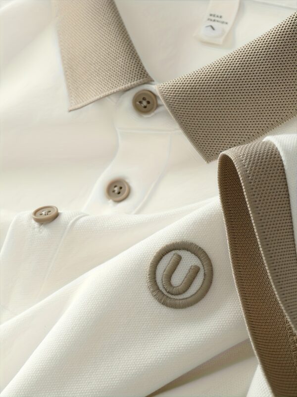 Men's Stylish Embroidered Shirt - Casual Short Sleeve, Button-Up Collar, White with Gray Collar & Cuff Accents, Soft Polyester Fabric, Perfect for Golf or Casual Attire, Golf Shirt | Embroidered Collar Detail | Smooth Texture - Image 6