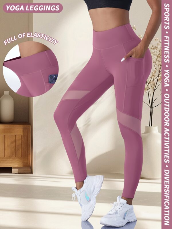 Yoga Tights with Abdominal Reduction and Contrast Color Mesh Fitness Gym Tights with Side Phone Pockets Yoga Leggings - Image 2