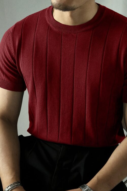 2024 New Men’s Short Sleeve Knit Sweater – Breathable Stretch Fabric, Solid Red Round Neck Casual Pullover for Summer Outdoor & Daily Wear, Leisure Clothing, Mature Style Top, Comfortable Fit