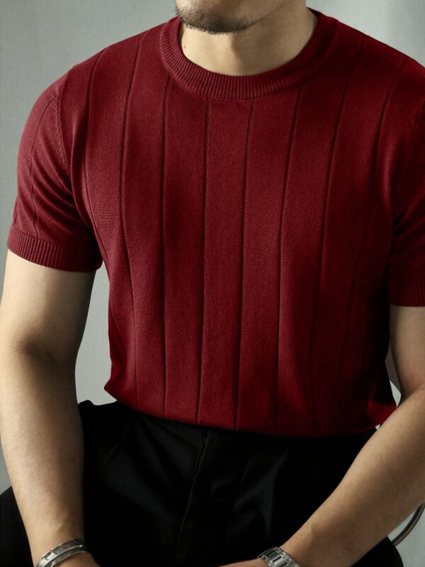2024 New Men's Short Sleeve Knit Sweater - Breathable Stretch Fabric, Solid Red Round Neck Casual Pullover for Summer Outdoor & Daily Wear, Leisure Clothing, Mature Style Top, Comfortable Fit
