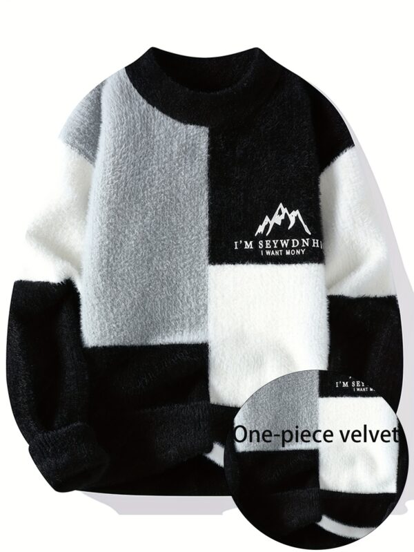 SENMEIGUO Men'S Chunky Knit Sweater, Casual Round Neck, Long Sleeve, Letter Print, Warm Winter Top, Regular Fit, Knitted Fabric, 2024 Fall/Winter Collection - Image 3