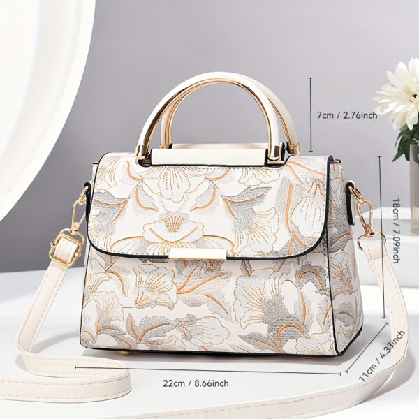 Elegant Floral Print Women's Handbag - Stylish Crossbody Bag with Golden-Tone Hardware, White Base & Black/Beige Floral Pattern, Lightweight & Spacious for Everyday Use - Image 4