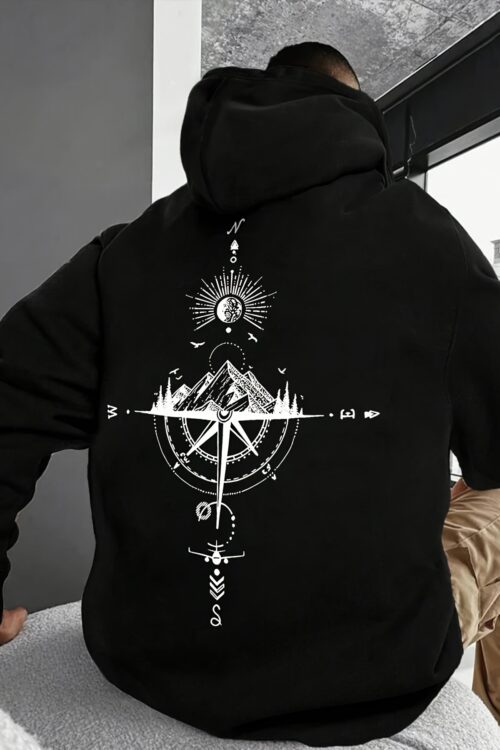Men’S Autumn Winter Galaxy Print Hooded Sweatshirt, French Terry Fleece, 100% Polyester, Non-Stretch Knit Fabric, Loose Fit with Pocket Detail, Casual Sports Style Hooded Pullover