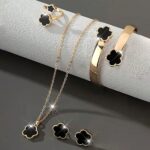 5pcs Jewelry Set Lucky Clover Bracelet, Necklace, Earrings, Necklace and Ring Jewelry Set Suitable for daily wear as a gift for friends - Image 9