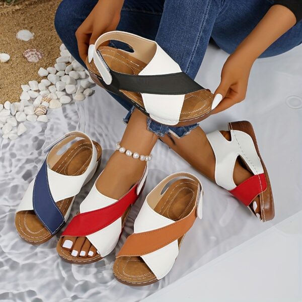 Women's Two-Tone Wedge Sandals - Open Toe, Chunky Heel, Faux Cover with Metallic Buckle Strap, Perfect for Beach, Party & Casual Outings, Beachwear Shoes | Durable Tpr Sole, Ladies Sandals - Image 2