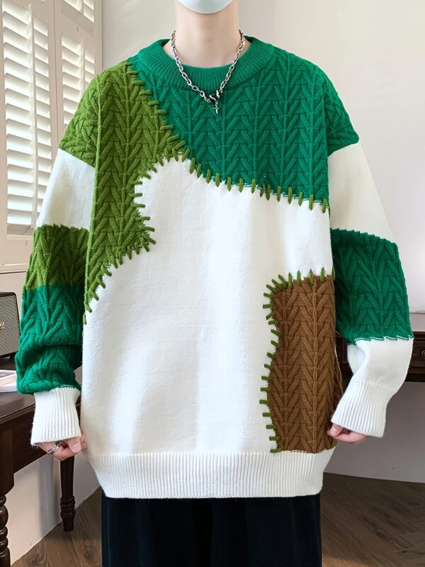 Men's Color-Block Cable Knit Sweater - Soft Warm All-Season Casual Pullover with Contrast Design, Machine Washable Regular Fit Round Neck Long Sleeve, Knitted Sweater, Durable Comfort Wear - Image 6