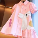 aiLe Rabbit Girls' Elegant Summer Dress - Pink with Bunny Embroidery, Ruffle Hem, Short Sleeve, Button-Up Collar, Non-Stretch Fabric, Perfect for Casual Wear, Cute Summer Dresses