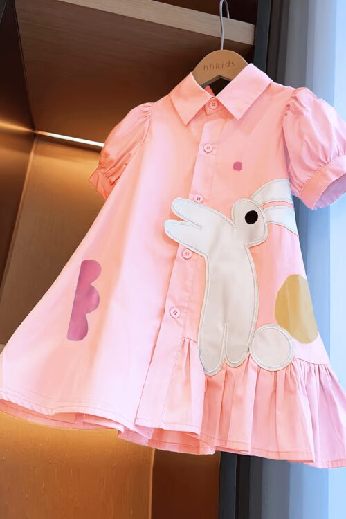 aiLe Rabbit Girls’ Elegant Summer Dress – Pink with Bunny Embroidery, Ruffle Hem, Short Sleeve, Button-Up Collar, Non-Stretch Fabric, Perfect for Casual Wear, Cute Summer Dresses