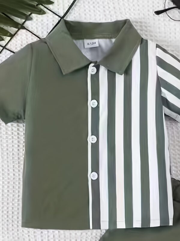 Boys' Fashion Set, Striped Polyester Shirt and Shorts, Casual Elastic Fabric, Spring/Summer Collection, Slim Fit, Button Detail, Woven Construction, Polyester Top and Bottom, For Outdoor - Image 4