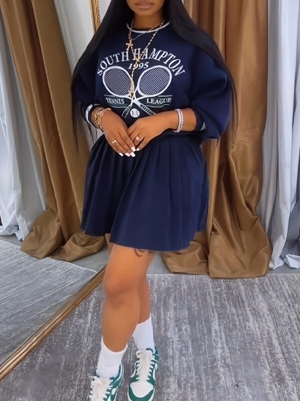 Women'S Elegant Two-Piece Set - "SOUTH AMPHITA Tennis" Print Sweatshirt & Pleated Skirt, Polyester Blend, Crew Neck, All-Season Wear, Casual Attire|Playful Print Top|Polyester Blend - Image 3