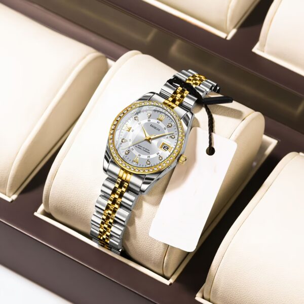 KASRLUO Women's Stainless Steel Quartz Watch with Luminous Rhinestone Date Display, Blue Dial & Golden-Tone Band - Elegant Business Style, Casual Elegance | Elegant Timepiece | Luminous Dial - Image 8