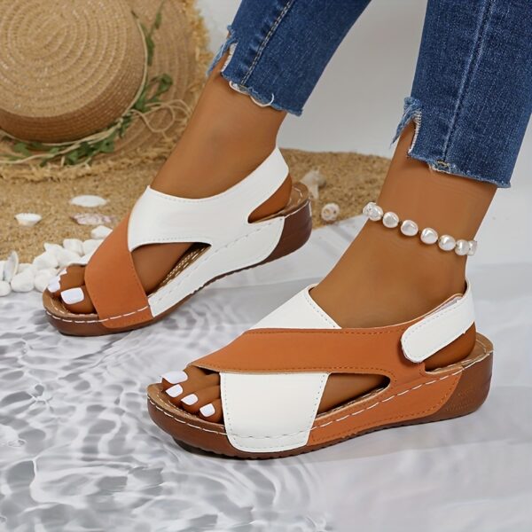 Women's Two-Tone Wedge Sandals - Open Toe, Chunky Heel, Faux Cover with Metallic Buckle Strap, Perfect for Beach, Party & Casual Outings, Beachwear Shoes | Durable Tpr Sole, Ladies Sandals - Image 6