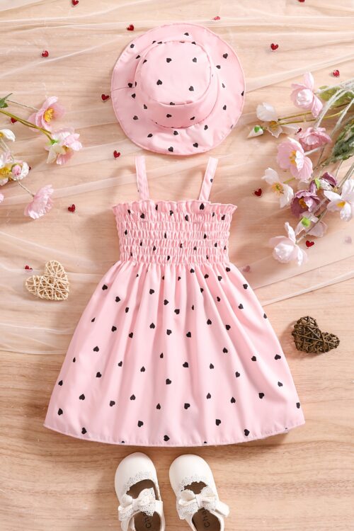 New Summer Two-Piece Set for Girls Aged 0-3, Featuring a Heart-Patterned Sleeveless Dress with a Matching Hat.