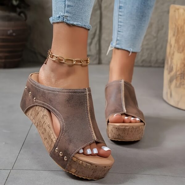 Women's Elegant Retro Mary Jane Wedge Sandals - Slip-On Thick Platform Heel with Metallic Studs & Adjustable Golden Chain Ankle Strap, Breathable PU Cover Open-Toe Summer Shoes in Black/Navy/Brown-Golden, Comfortable Footwear | Open Toe Design | Durable Footwear - Image 6