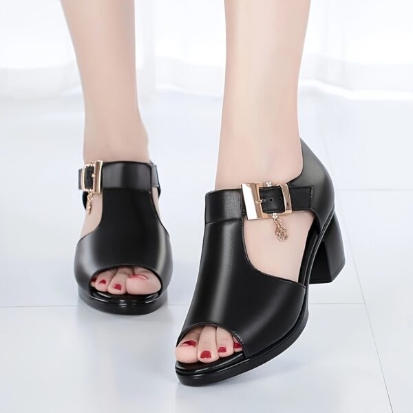 Women's Black Peep-Toe Sandals with Chunky Heel - Elegant Ankle Suspender Dress Shoes, PU Cover, Perfect for Summer