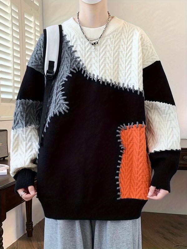 Men's Color-Block Cable Knit Sweater - Soft Warm All-Season Casual Pullover with Contrast Design, Machine Washable Regular Fit Round Neck Long Sleeve, Knitted Sweater, Durable Comfort Wear - Image 9
