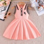 Toddler Sleeveless A-Line Dress - Vibrant Green with Black & White Striped Design, Button-Up Collar, Perfect for Summer Outdoor Activities, Youngsters' Fashion, Casual Wear|Sporty Style|Strapless Design, Youngsters Dress - Image 5