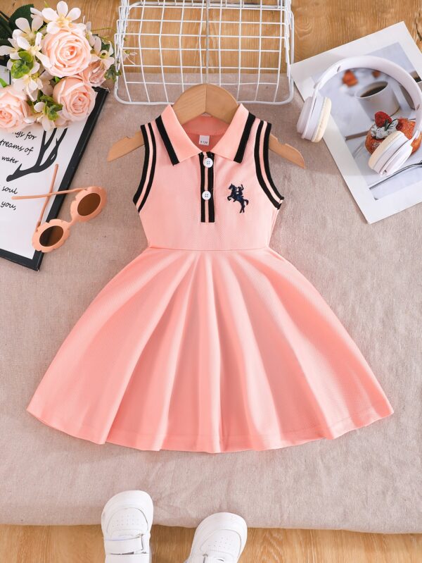 Toddler Sleeveless A-Line Dress - Vibrant Green with Black & White Striped Design, Button-Up Collar, Perfect for Summer Outdoor Activities, Youngsters' Fashion, Casual Wear|Sporty Style|Strapless Design, Youngsters Dress - Image 5