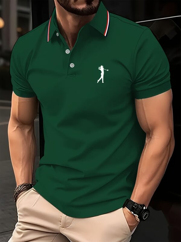 Men's Short Sleeve Shirt - White with Red Golf Print, Striped Collar & Cuffs, Breathable Summer Golf & Casual Wear, Machine Washable Regular Fit, Durable Fabric - Image 6
