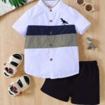 2pcs, Baby Boy's Trendy Short Sleeves Dinosaur Pattern Shirt + Versatile Shorts Set, Casual Comfy Summer Outdoor Clothes