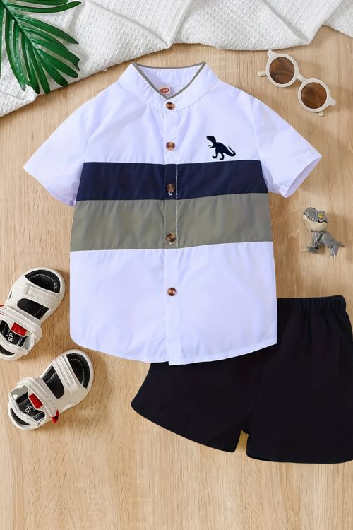 2pcs, Baby Boy’s Trendy Short Sleeves Dinosaur Pattern Shirt + Versatile Shorts Set, Casual Comfy Summer Outdoor Clothes