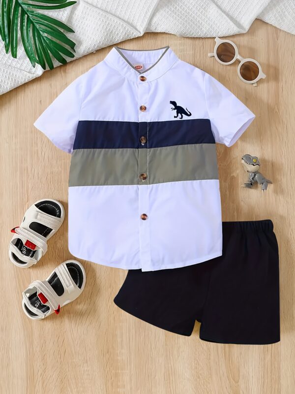 2pcs, Baby Boy's Trendy Short Sleeves Dinosaur Pattern Shirt + Versatile Shorts Set, Casual Comfy Summer Outdoor Clothes